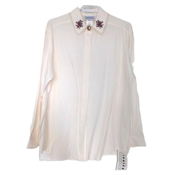 New Jantzen Classics Victorian Button Up Sleeves Cream Top Medium - Picture 2 of 14